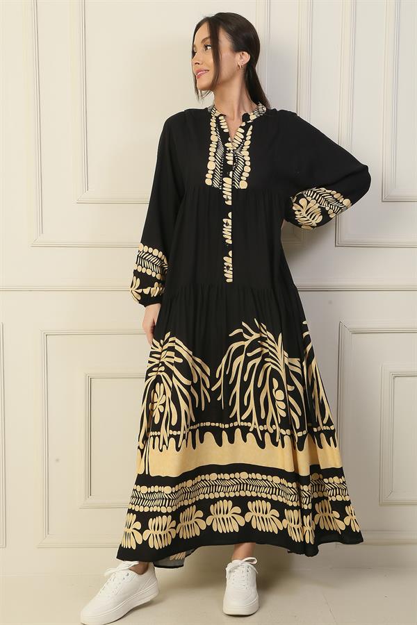 Önü Yarım Düğmeli Kolu Lastikli Empirme Tesettür Uzun Elbise