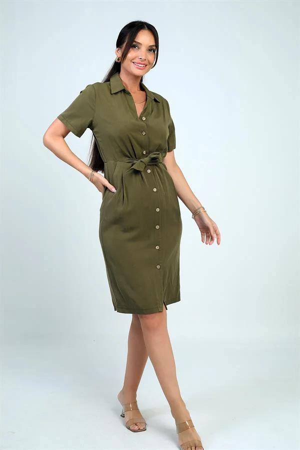 Robe courte en lyocell doublée, doublée, avec poche à nouer sur le devant et boutons sur le devant, pour femme