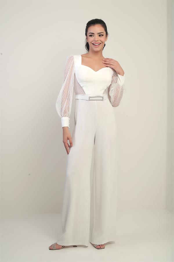 Women's Sweetheart Neckline Long Tulle Sleeved Belted Palazzo Crepe Jumpsuit