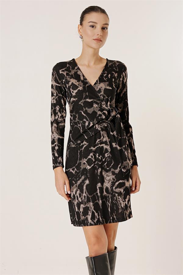 Wrap Neck Buckle Detail Patterned Lycra Dress
