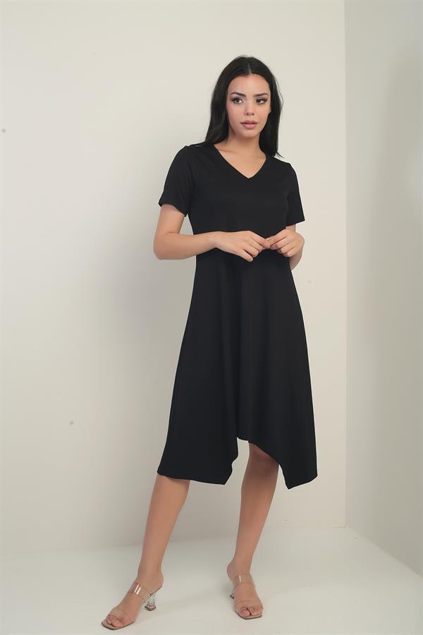 Women's V-Neck Asymmetrical Midi Dress with Angel Wing Chain Detail at the Back