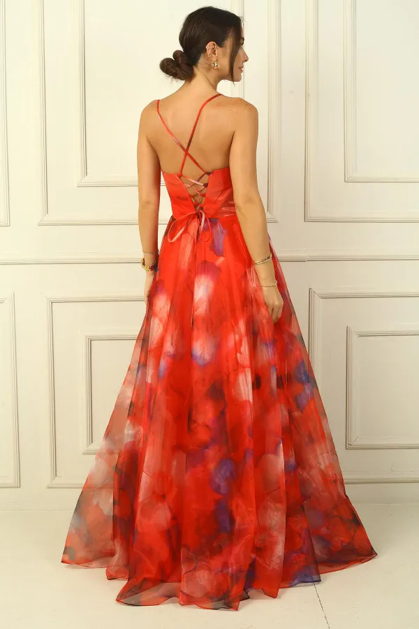 Kadın İp Askılı Arkası Bağcıklı Önü Drapeli Çiçekli Organze Uzun Elbise