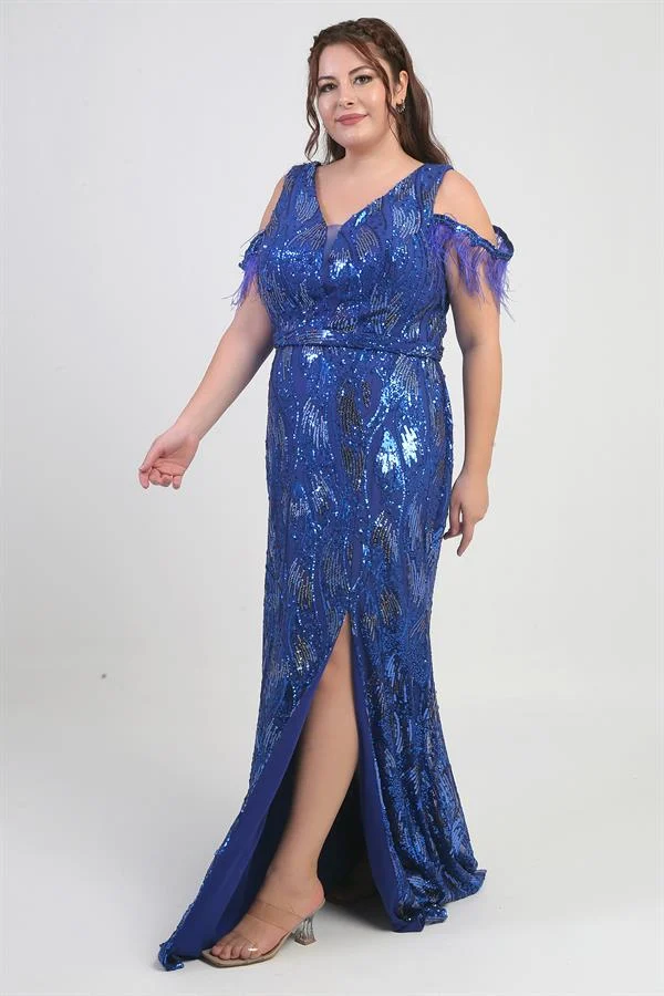 Kadın Tüylü Düşük Kollu Pul İşlemeli Astarlı Büyük Beden Uzun Elbise