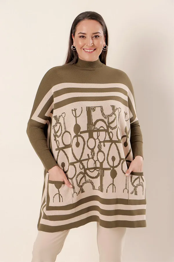 Cepli Desenli Büyük Beden Akrilik Kazak