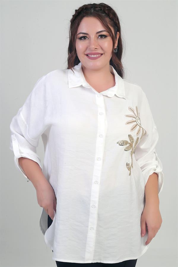 Chemise grande taille pour femme avec fentes latérales, applications florales et manches repliées