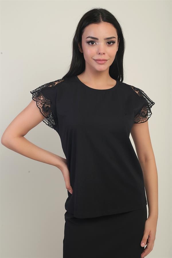 Women's Round Neck Short Lace Sleeve Lycra Blouse