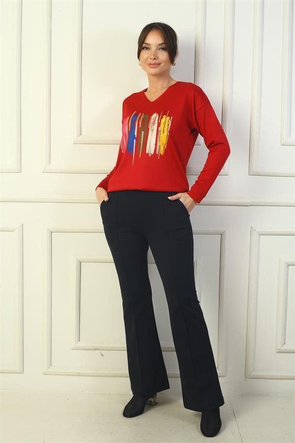 Women's Elastic Waist, Side Pockets, Flared, Steel-Length Trousers