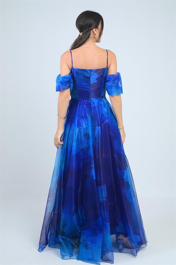 Kadın İnce Askılı takma Kollu Astarlı Çiçekli Organze Uzun Elbise