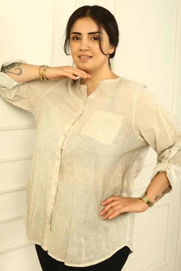 Buttoned Front, Sequin Detailed, Double Pocket, Folded Sleeve, Washed Linen Plus Size Shirt