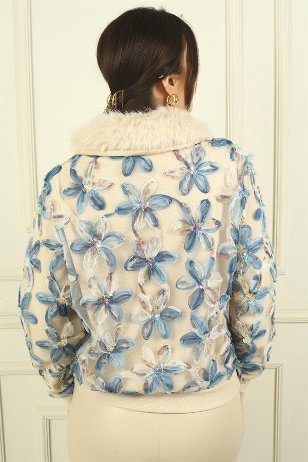 Veste en tulle à motif floral, fermeture éclair et col en fourrure pour femme