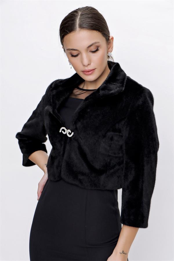İçi Astarlı Önü Taş Detaylı Tay Tüyü Bolero Kürk Ceket