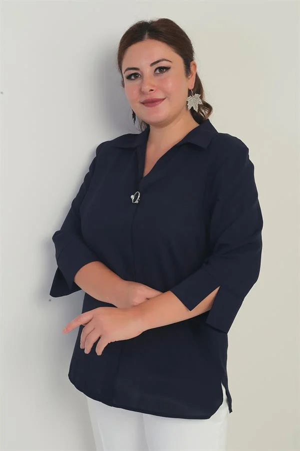 Polo Yaka  Çeyrek Kol Büyük Beden Bluz