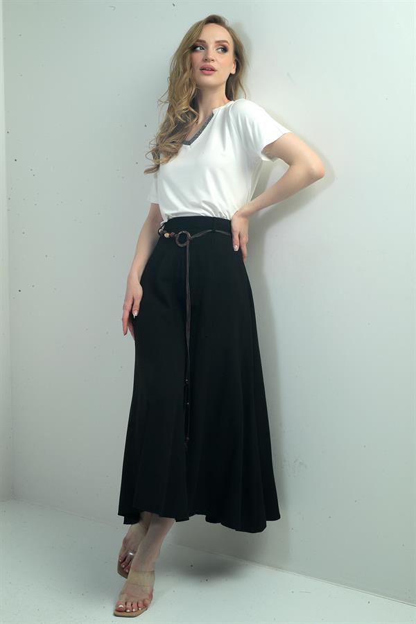 Women's Loose-Fitting Long Skirt with Linen Effect Trim and Waist Accessory