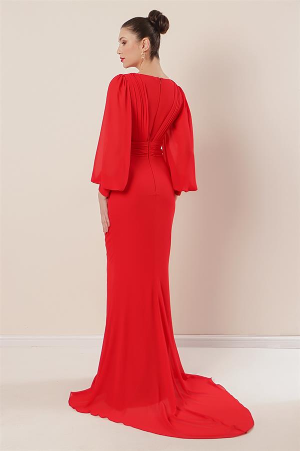 Kruvaze Yaka Önü Büzgülü Astarlı Uzun Şifon Elbise