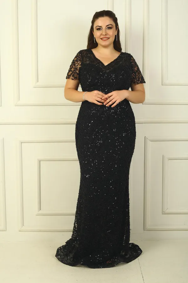 Ön Arka V Yaka Astarlı Boncuk-Pul İşlemeli Büyük Beden Abiye Elbise