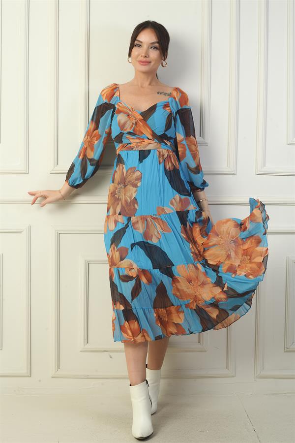 Madonna Neckline Lined Cross-Tie Floral Wrap Chiffon Dress