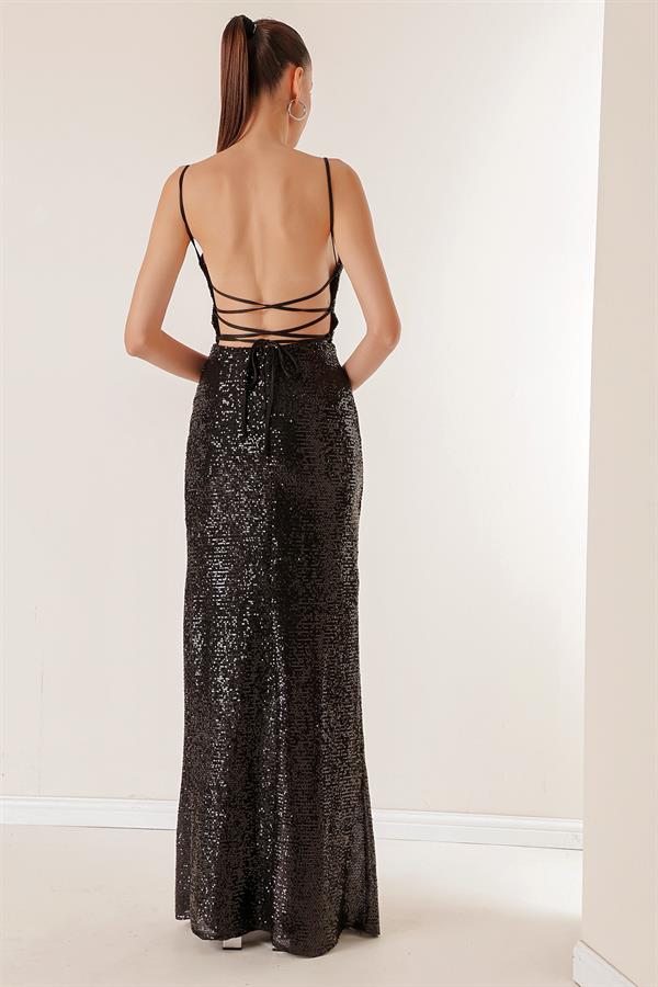 Robe longue à sequins doublée, à bretelles, drapée sur le devant et lacée au dos