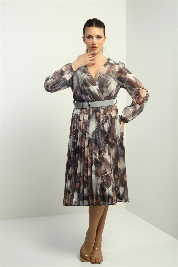 Women's Wrap Neckline Belted Lined Floral Patterned Pleated Midi Chiffon Dress