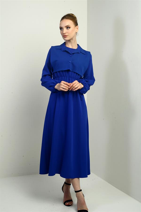 Women's Button-Down Detachable Vest, Elastic Waist, Long-Sleeved Midi Dress