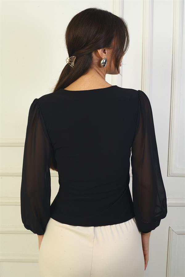 Long Chiffon Blouse with Rose Detail on Collar