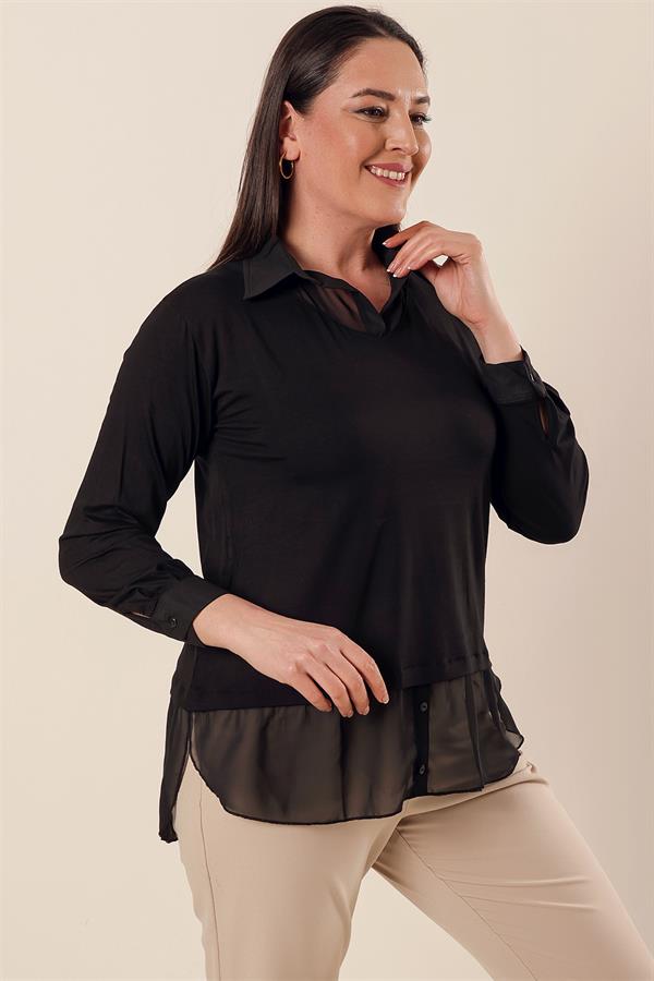 Şifon Detaylı Gömlek Yaka Rahat Kesim Büyük Beden Bluz