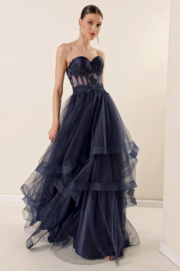 Beaded Top Transparent Layered Tulle Taffeta Long Evening Dress