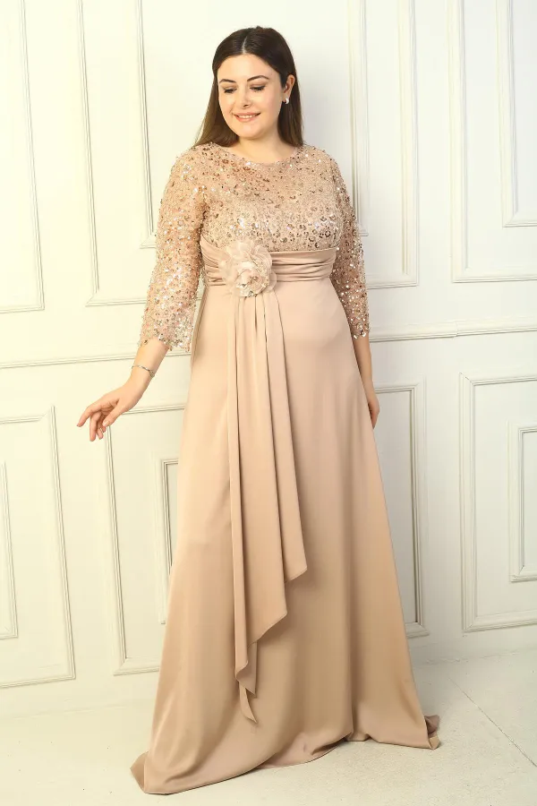 Kadın Çiçekli Altı Saten Üstü Gritel Astarlı Büyük Beden Uzun Elbise