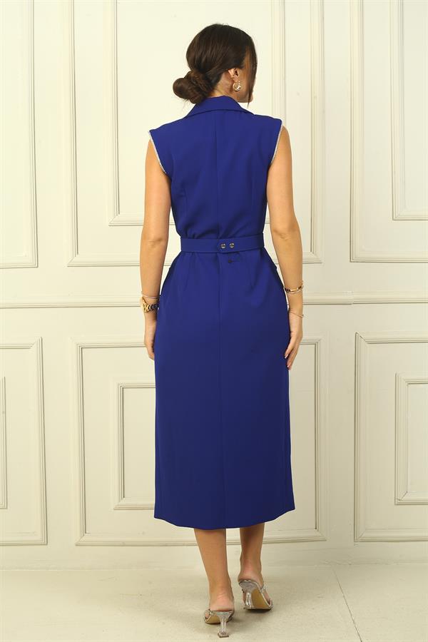 Women's Wrap Neck, Lined, Button-Front Crepe Dress with Stone Embellishments and Belt