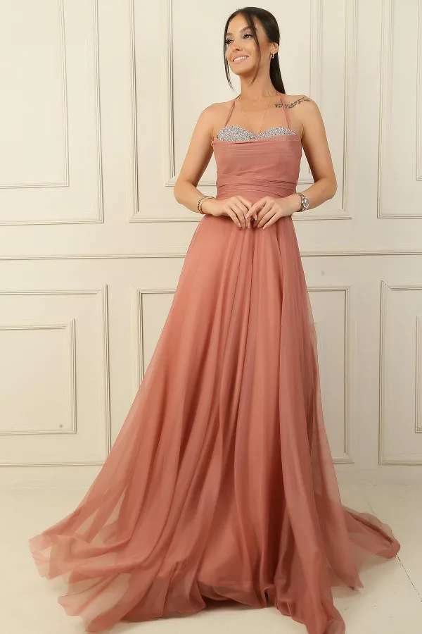 Önü Drapeli Taş Detaylı Astarlı Uzun Tül Abiye Elbise