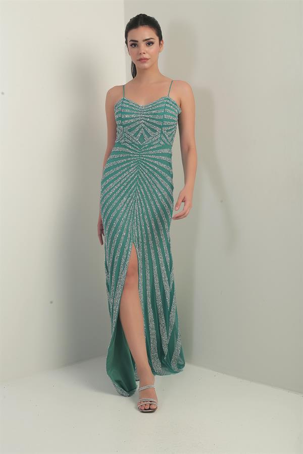 Women's Strappy Flocked Stone Print Lined Tulle Long Dress