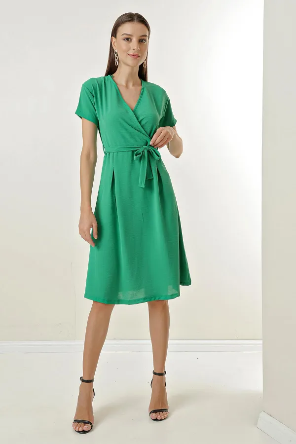 Double-Breasted Pleated Waist Belted Aerobin Dress