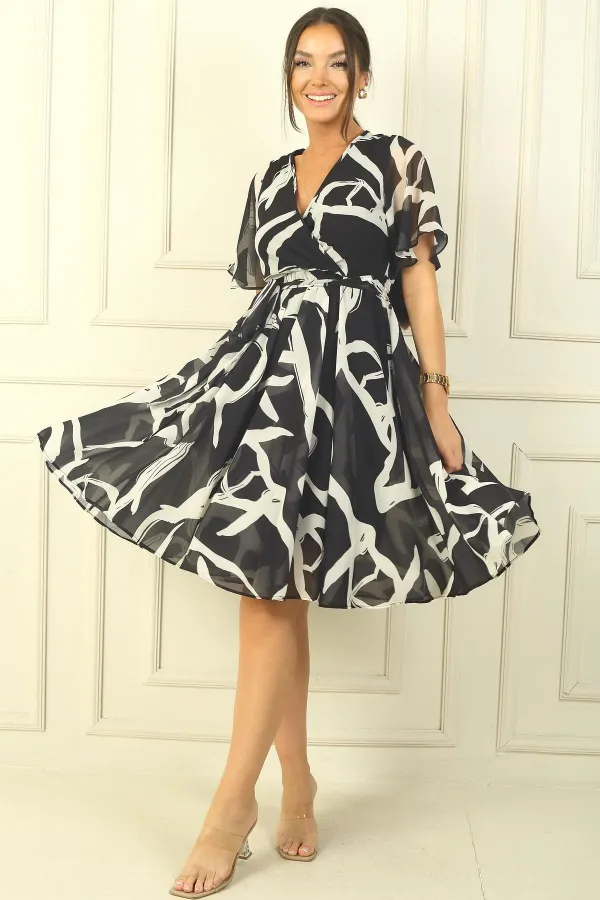 Robe courte en mousseline à motif abstrait, col cache-cœur, manches à volants, doublée et ceinturée à la taille