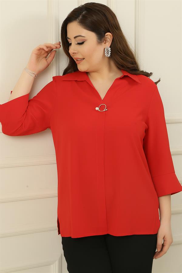 Polo Collar Quarter Sleeve Plus Size Blouse