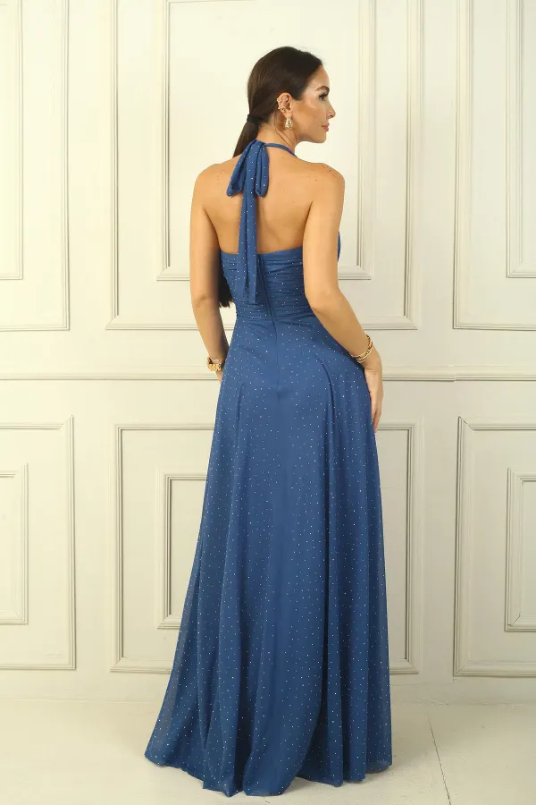 Kadın Boyundan Bağlamalı Taş Baskılı Astarlı Uzun Tül Elbise