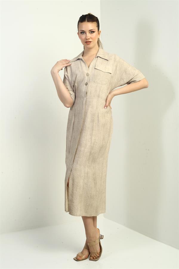 Women's Single Pocket Half-Buttoned Gradient Dress with Front Slit