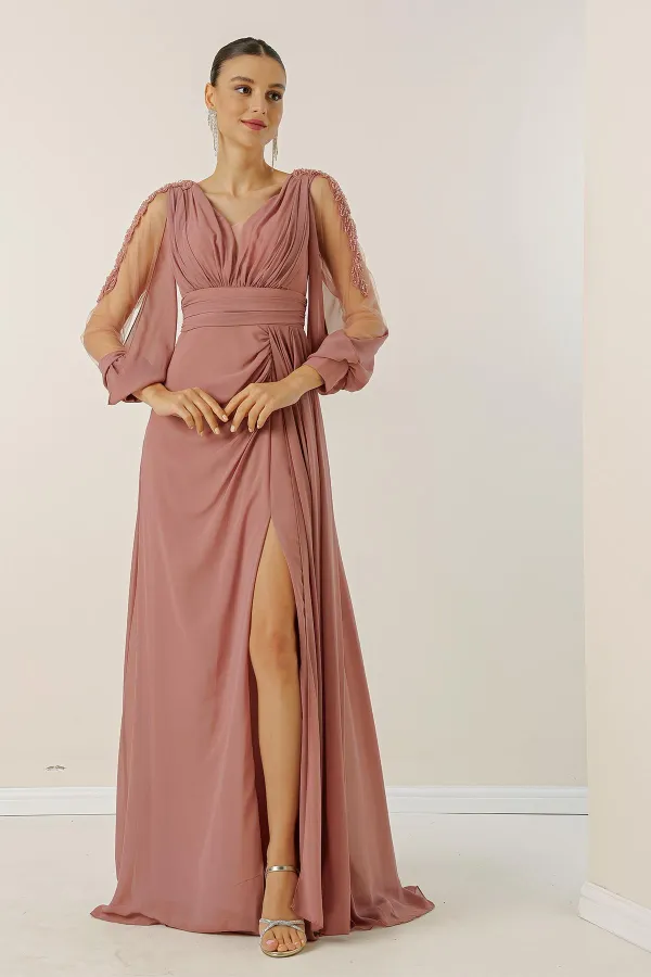 V Yaka Önü Drapeli Astarlı Kolları Tül Güpür Detaylı Geniş Beden Aralıklı Şifon Uzun Elbise