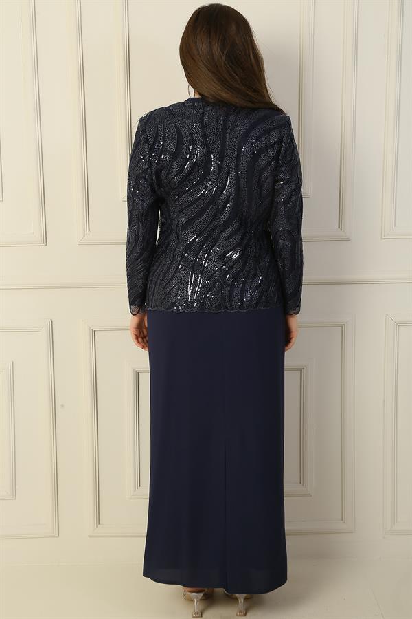 Robe longue à manches demi-lune avec veste en tulle brodée de perles et de sequins, doublée, ensemble deux pièces grande taille