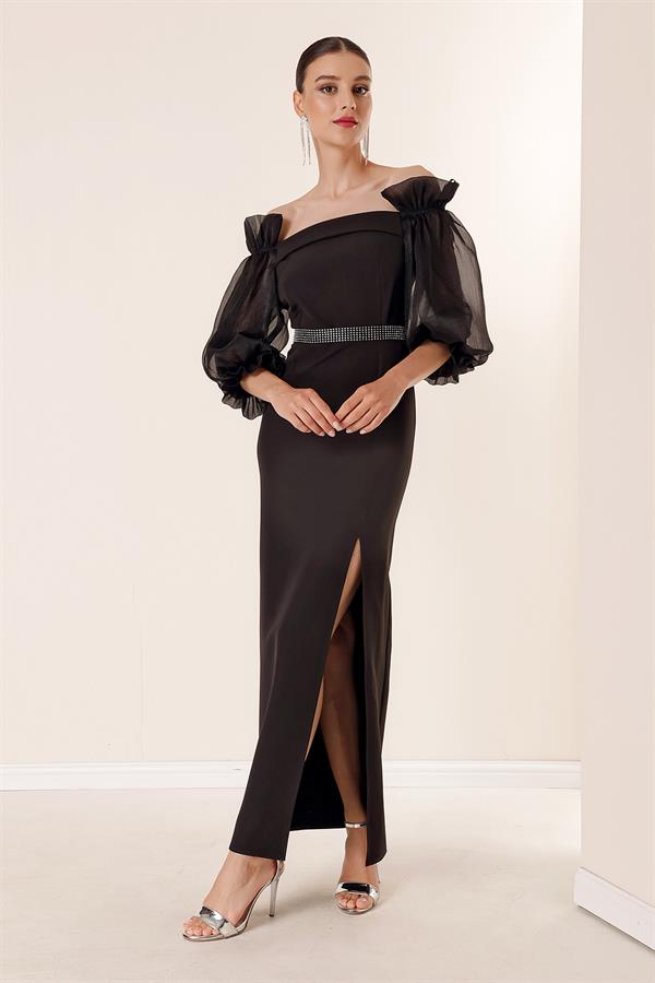 Square Neck, Organza Sleeves, Front Slit, Belted Waist Long Dress