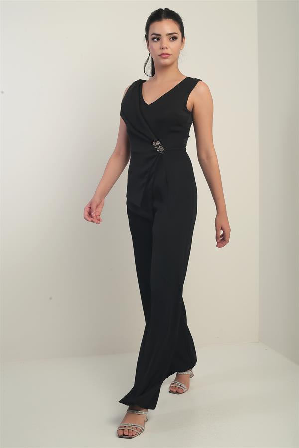 Kadın Ön Arka V Yaka Üst Yelek Görünümlü Bol Paça Tulum