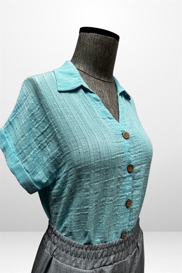 Kadın Polo Yaka Kendinden Desenli Keten Gömlek