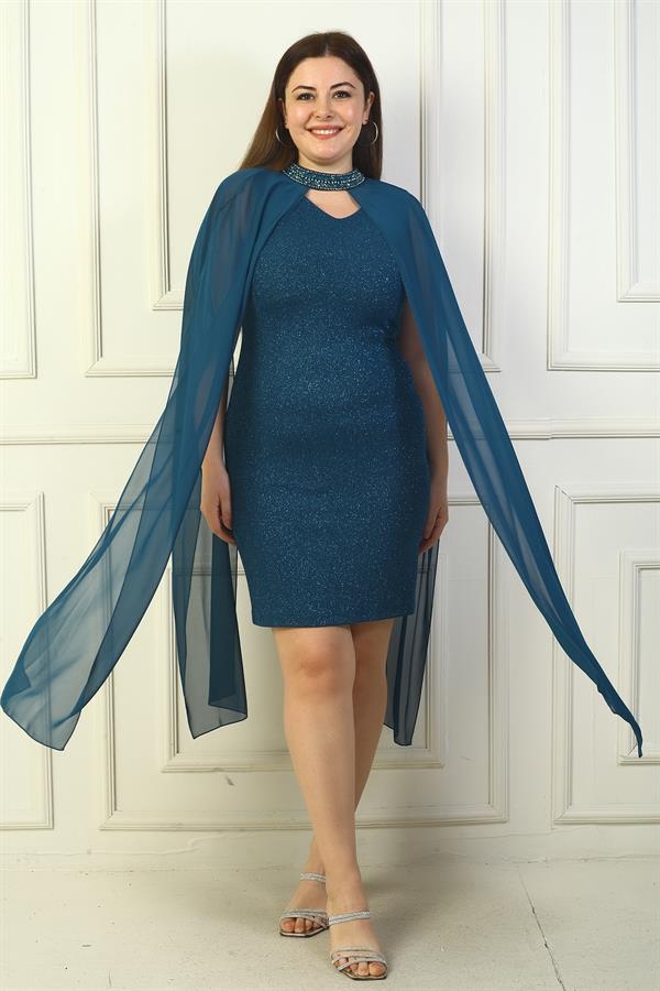 Robe à paillettes grande taille pour femme, col en V, doublée et avec cape en mousseline