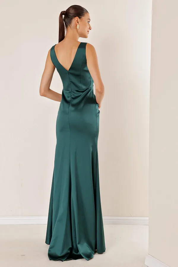 Kadın Önü Drapeli Volanlı Astarlı Uzun Saten Elbise