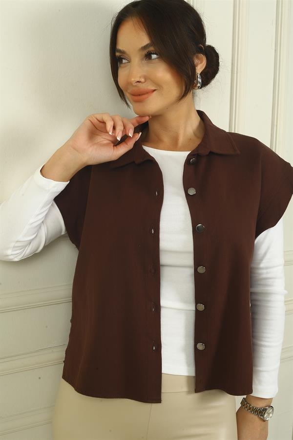 Women's Dropped Sleeve Vest with Side Laces and Metal Buttons at the Front