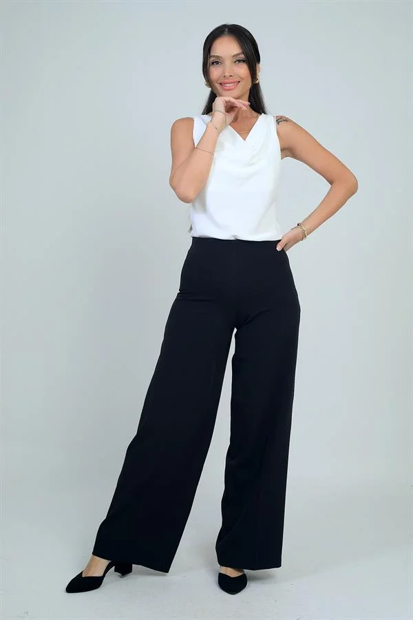 Pantalon en tricot à jambes larges et fermeture éclair latérale pour femme