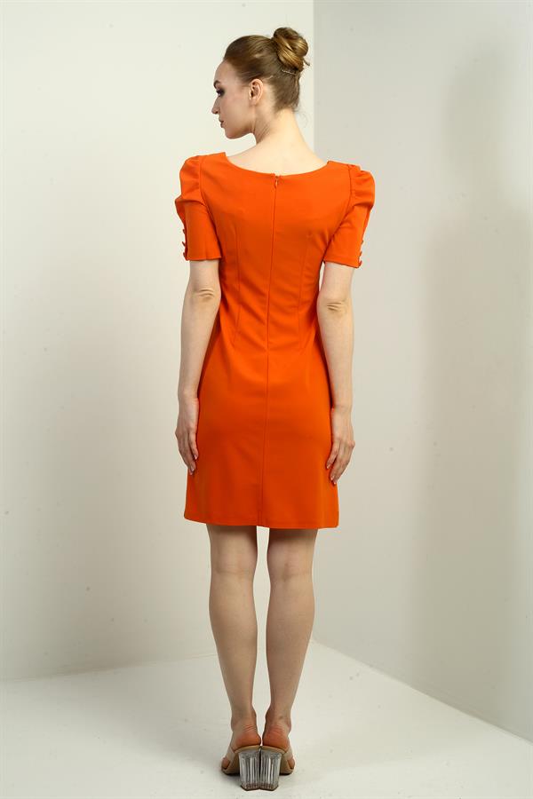 Women's Boat Neck Dress with Buttoned Sleeves, Pleated, and Zipper Back