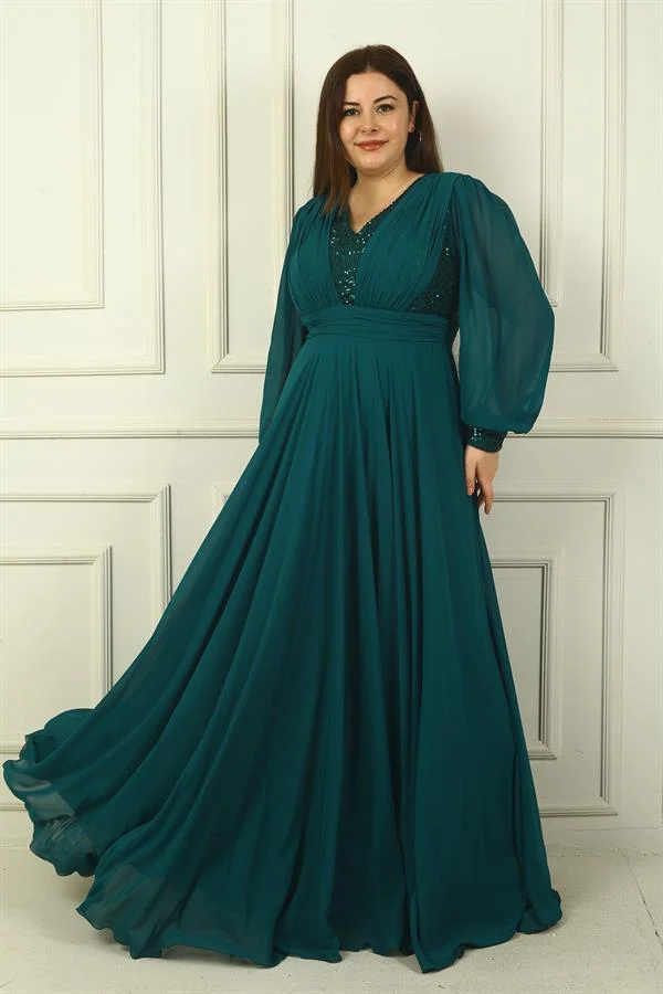 Women's Front and Back V-Neck Sequined Lined Plus Size Long Chiffon Evening Dress