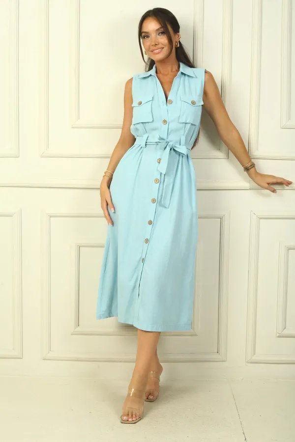 Robe Safari effet lin avec bouton sur le devant, taille ceinturée et poche