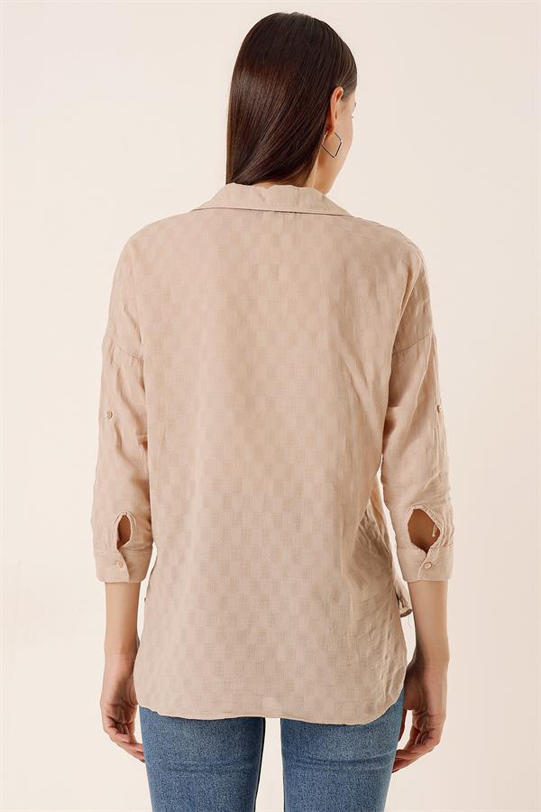 Front Buttoned Polo Collar Shirt with Foldable Sleeves