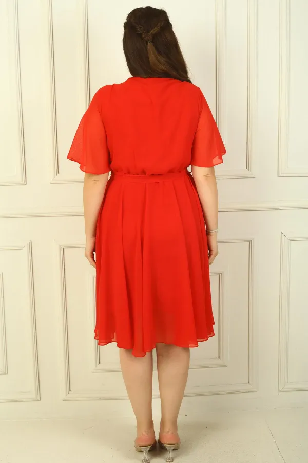 Kadın Kruvaze Yaka Volan Kollu Astarlı B.B Şifon Elbise