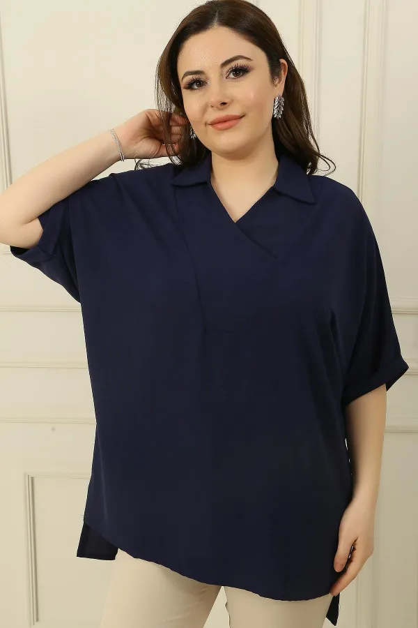 Double Breasted Polo Collar Short Sleeve Ayrobin Plus Size Blouse